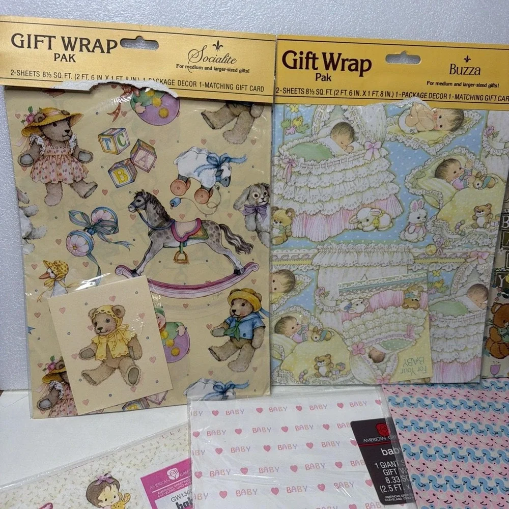 Vintage Baby Wrapping Paper lot incl Hallmark/American Greetings/Sangaman/Buzza+